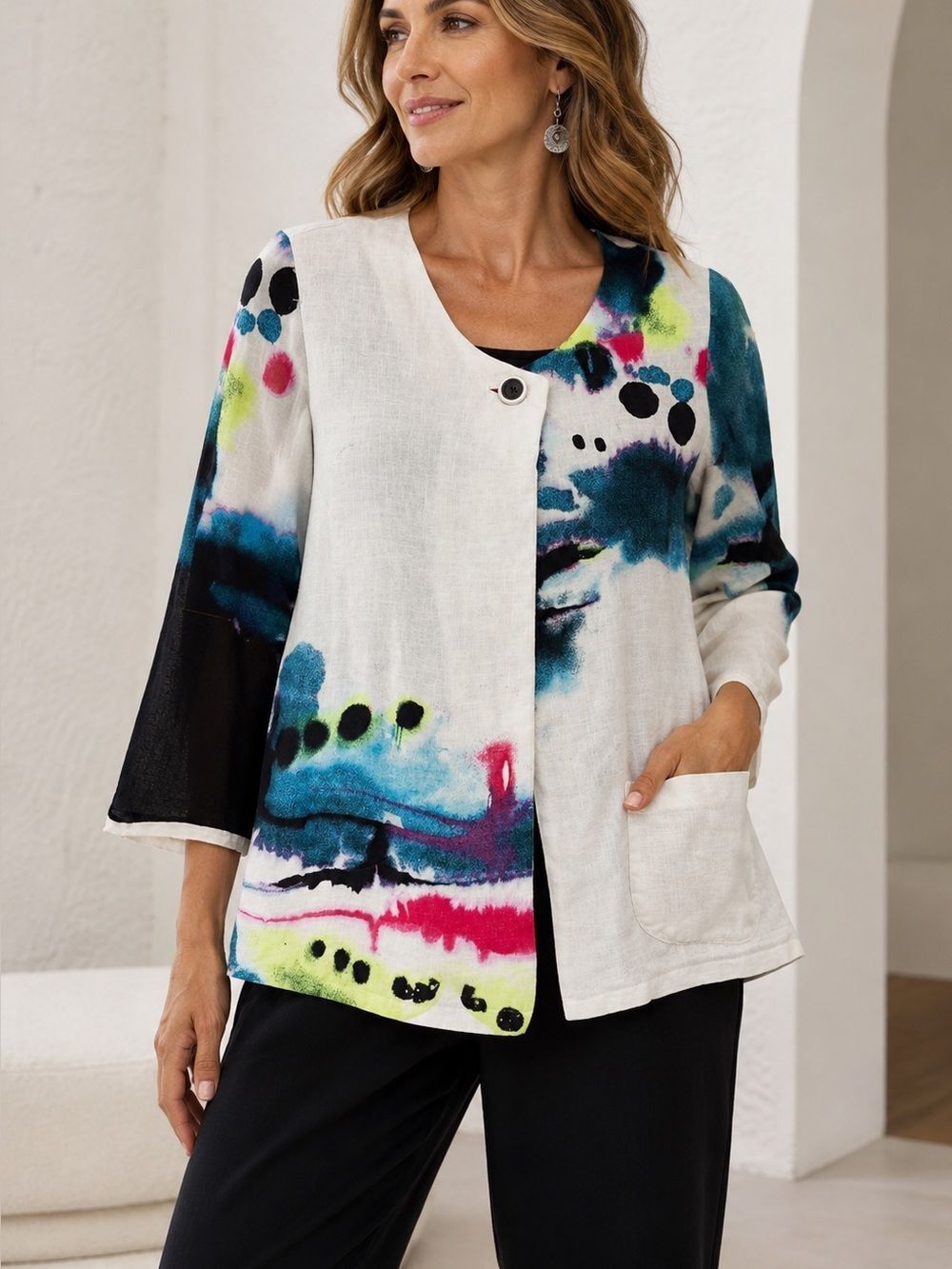 Lee Andersen Wearable Art Abstract Print 3/4 Sleeves Jacket Size XS